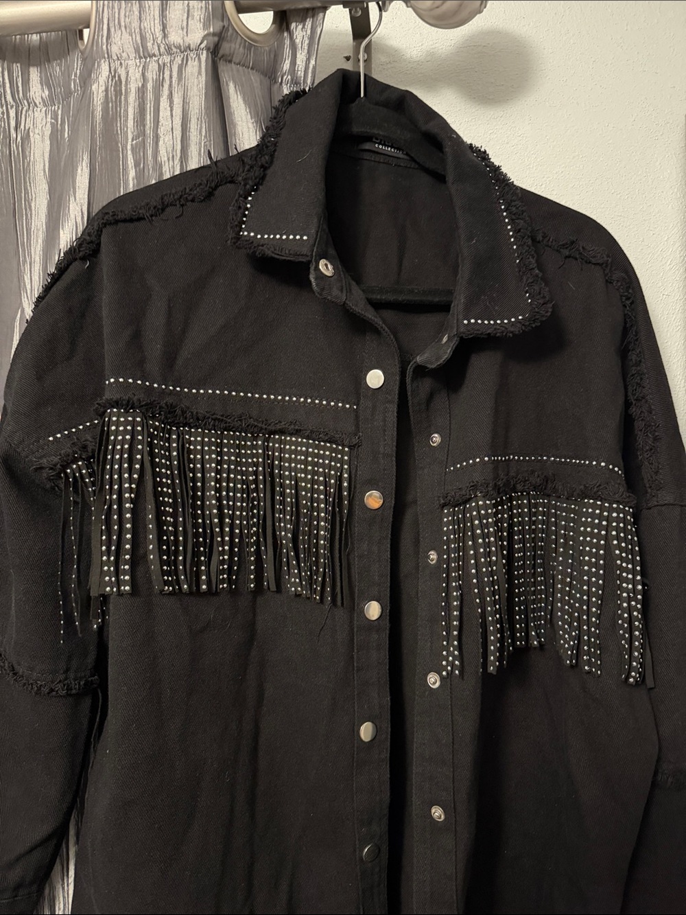 Black Studded Fringe Denim Jacket - Women's Jean Jacket